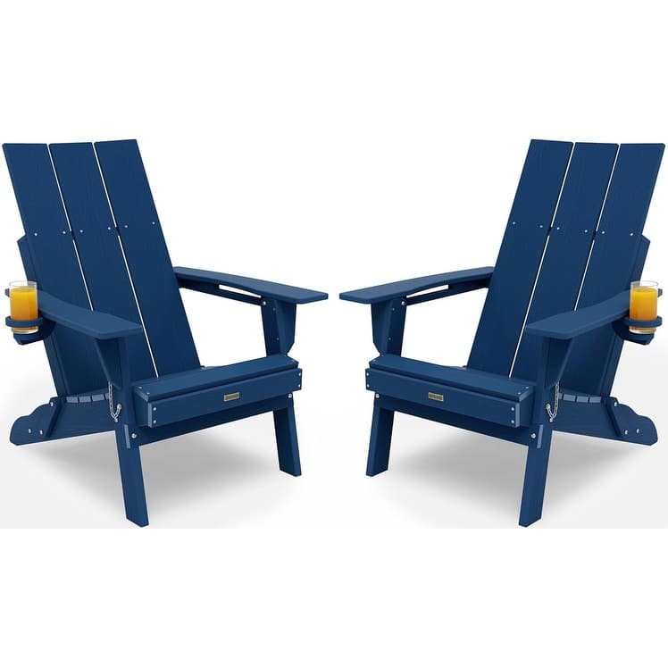 WINSOON Modern HDPE Outdoor Folding Adirondack Chair With Cup Holder Set Of 2 - Navy