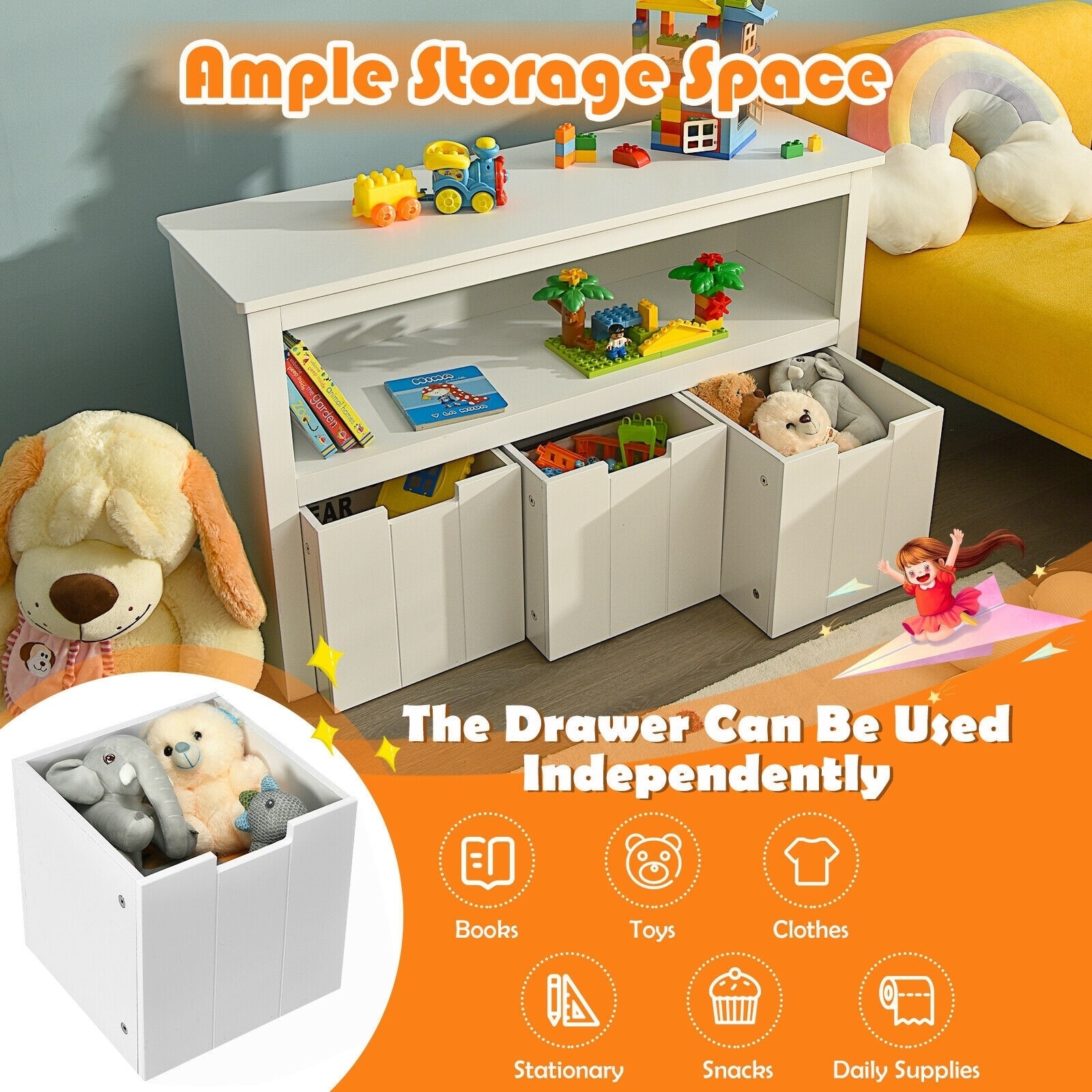 Kid Toy Storage Cabinet 3 Drawer Chest with Wheels Large Storage
