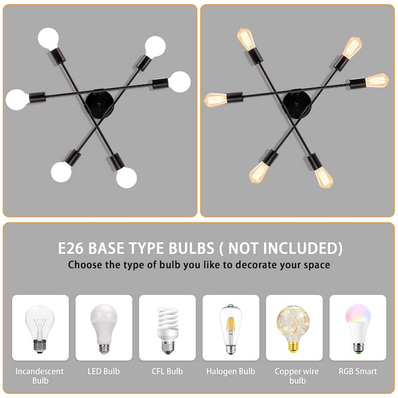 6-Light Dimmable Semi Flush Mount Chandelier for Living Room Bedroom