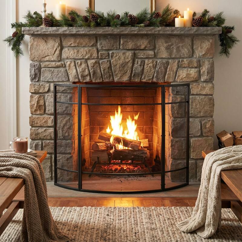 Roomfitters Regina 1-Panel Curved Iron Fireplace Screen with Grid Pattern