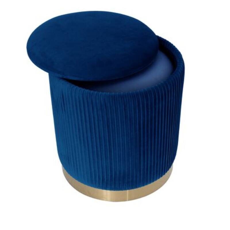 Navy Blue Velvet Channel-Tufted Round Storage Ottoman With Gold Base