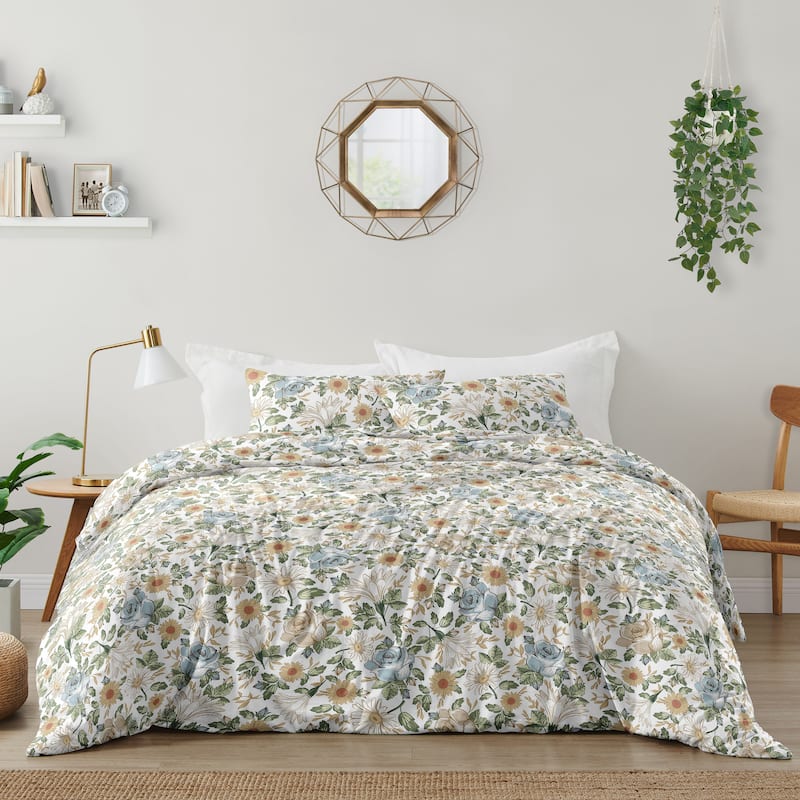 Vintage Floral Blue Yellow Girl 3pc Full/Queen Comforter Set Green Gold Orange Taupe White Shabby Chic Rose Flower Boho Bohemian