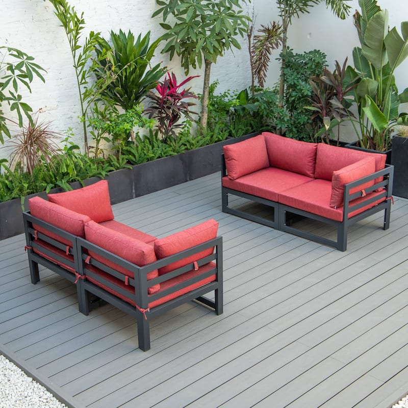 LeisureMod Chelsea 4-Piece Outdoor Patio Sectional Loveseat Set Black Aluminum with Cushions