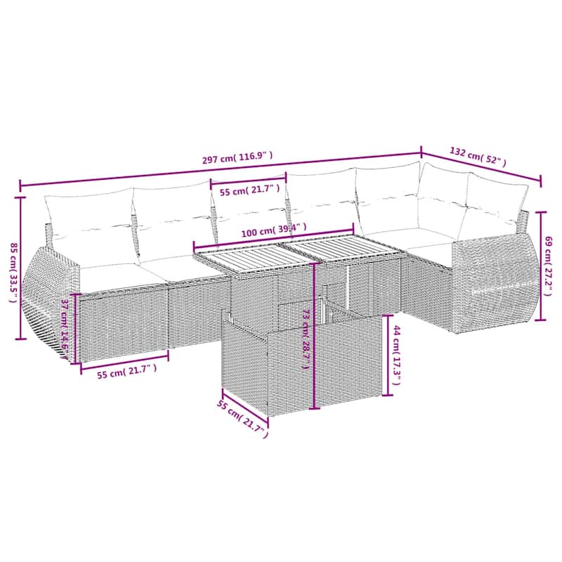 vidaXL Patio Sofa Set with Cushions Outdoor Furniture 7 Piece Poly Rattan - 24.4 x 24.4 x 27.2