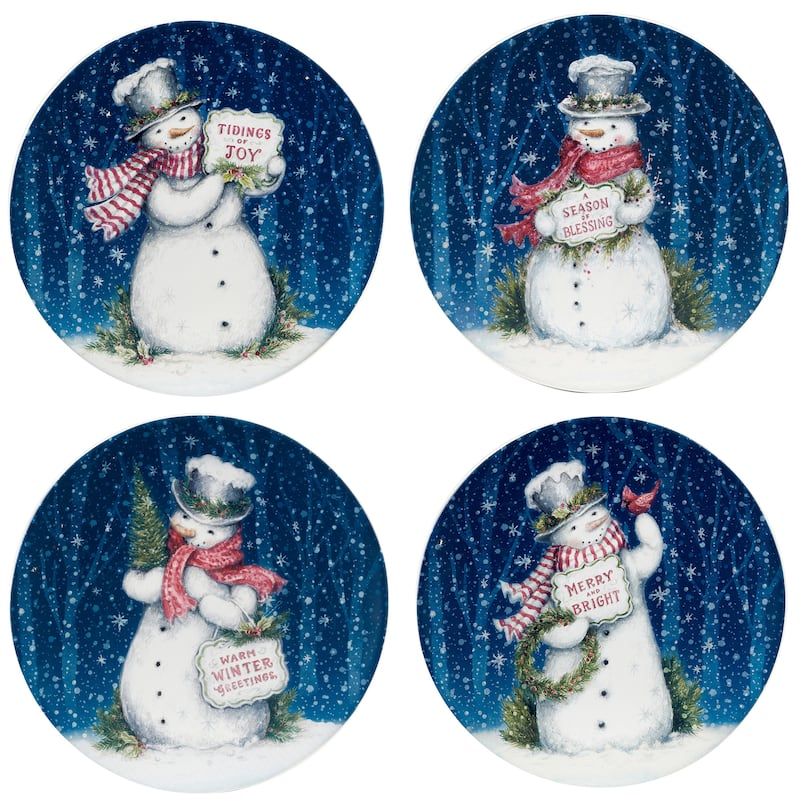Certified International Snowman Greetings 11" Dinner Plates, Set of 4 Assorted Designs - 11" Diameter x 1"