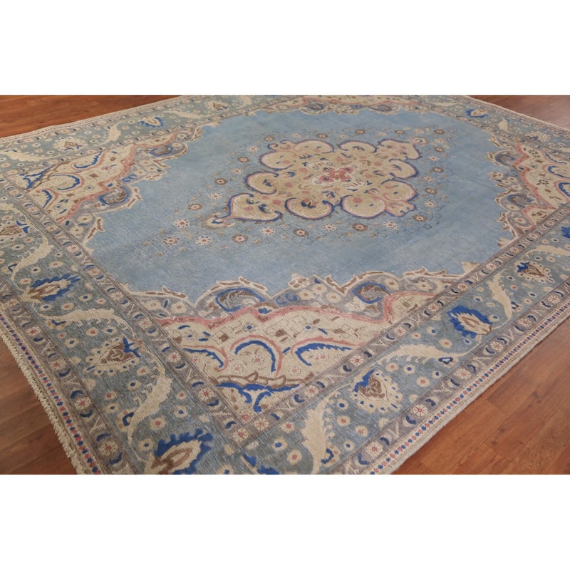 Medallion Tabriz Persian Area Rug Hand-Knotted Light Blue Wool Carpet - 8'5"x 11'2"