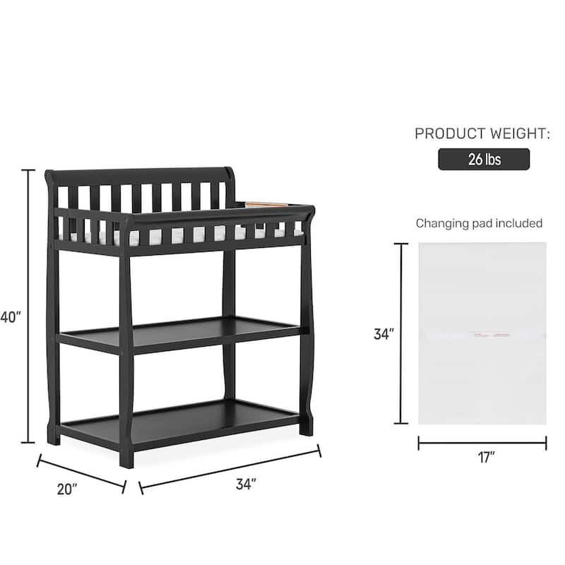 Black Wooden Baby Changing Station with Water-Resistant Pad Strap and Safety Guard Rails - 40”H x 20”W x 34”L
