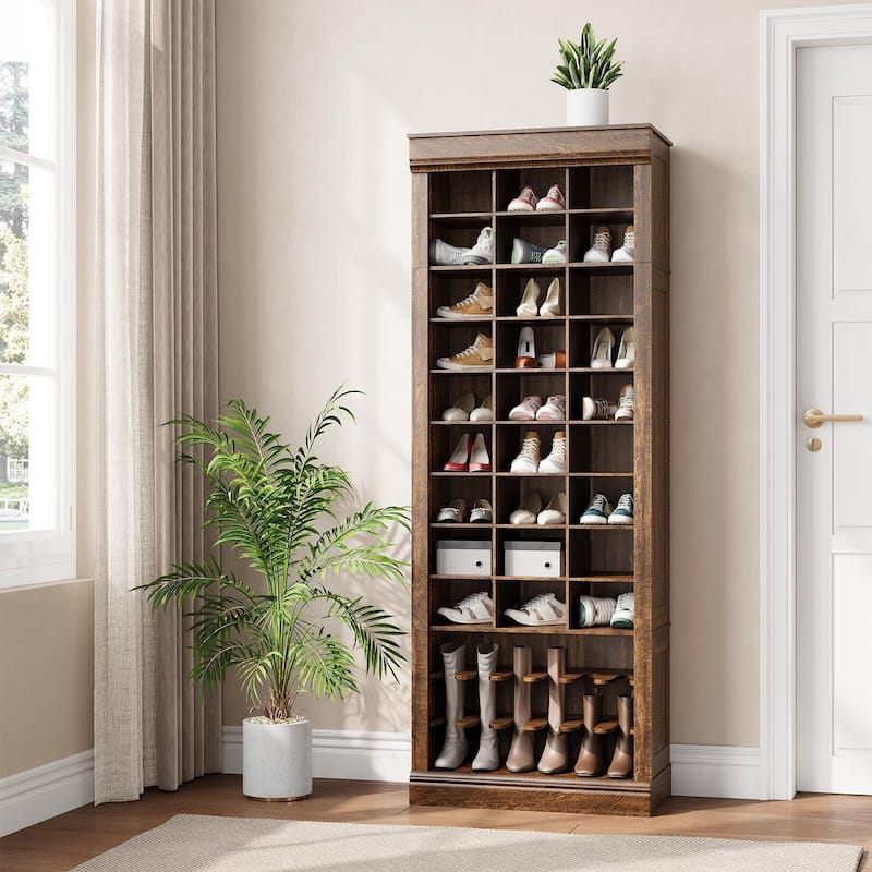 10-Tier Tall Shoe Cabinet with Boot Rack & 27 Cubbies - Brown