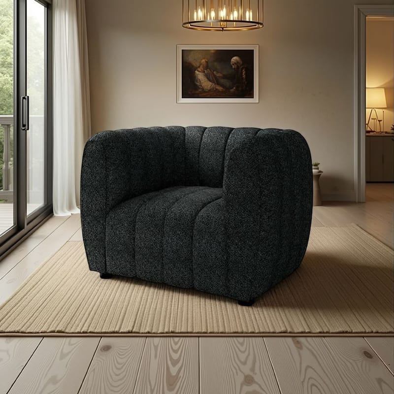 Hery Accent Armchair, 36 Inch, Black Boucle, Vertical Channel Tufted