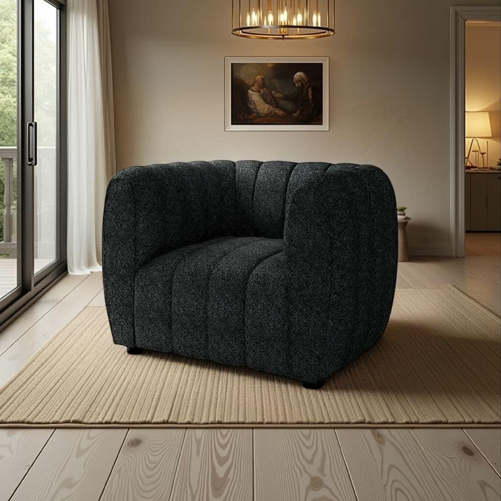 Hery Accent Armchair, 36 Inch, Black Boucle, Vertical Channel Tufted