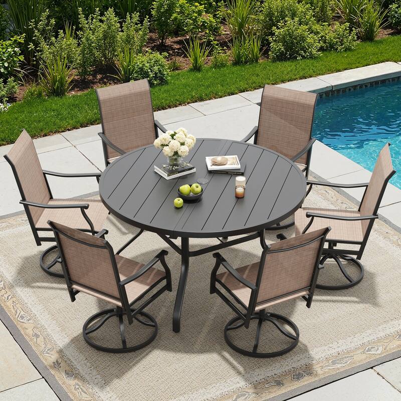 Round Outdoor Patio Dining Table, 47" Round Patio Table Wood-Like Grain with 1.57" Umbrella Hole, Metal Outdoor Dining Tables