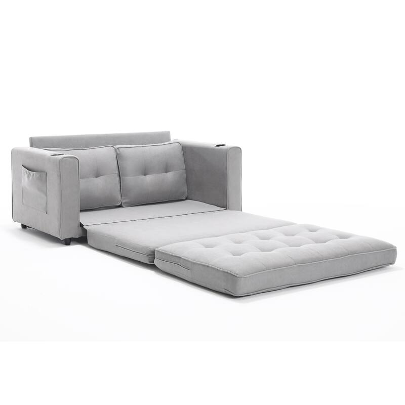Upholstered Futon Sofa Convertible Sofa Bed Tufted Loveseat wFolding Mattress, Cup Holder & Pockets 2-seat Armchair