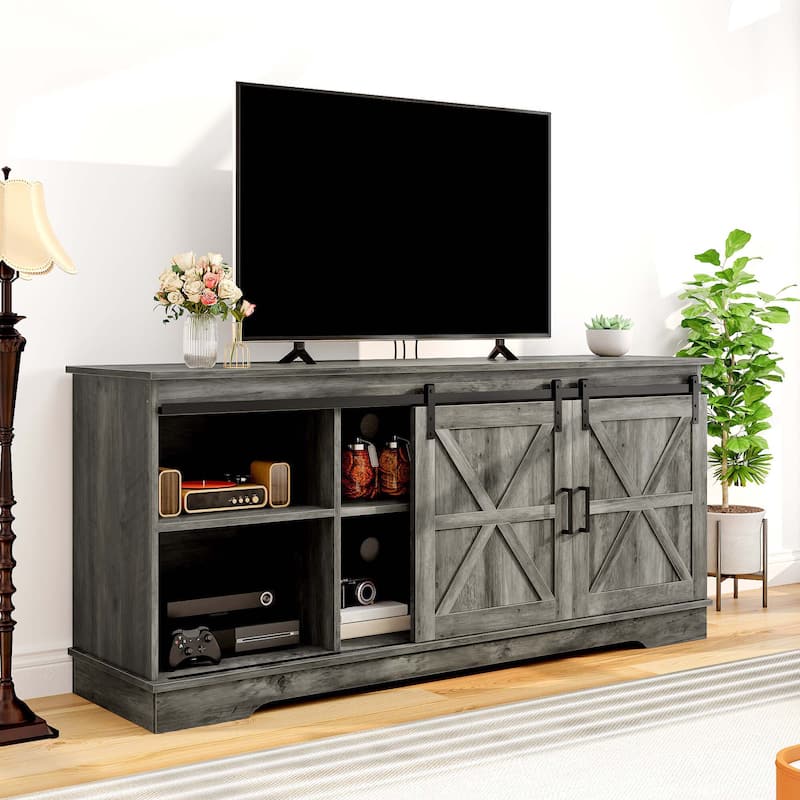 Moasis Farmhouse TV Stand with Barn Door Media Console Entertainment Center with Storage Cabinets