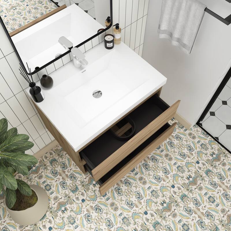 MDF Wall-Mounted Bathroom Vanity Set in Oak with Integrated Culture Marble Sink