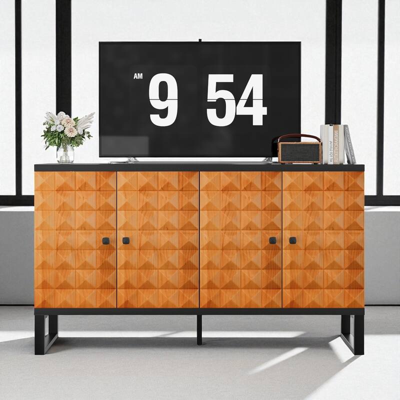 55.4" Modern Sideboard Buffet Cabinet with Geometric Solid Wood Doors and Adjustable Shelves for Entryway or Dining