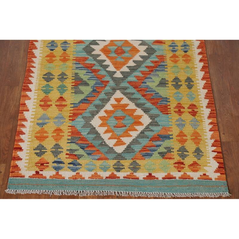 Hand Woven Oriental 100% Wool Carpet Southwestern Geometric Multi-Colored Kilim Area Rug - 5' 3'' X 3' 2''