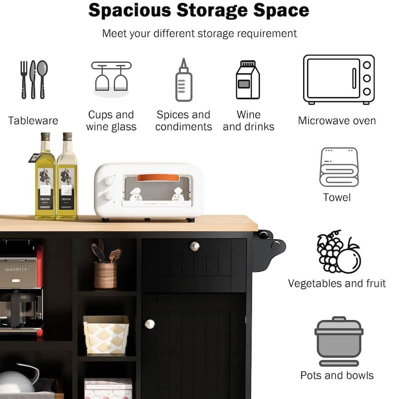 Rubberwood Kitchen Cart with Drop Leaf, Microwave storage rack, Exterior Shelves, and 2 drawers