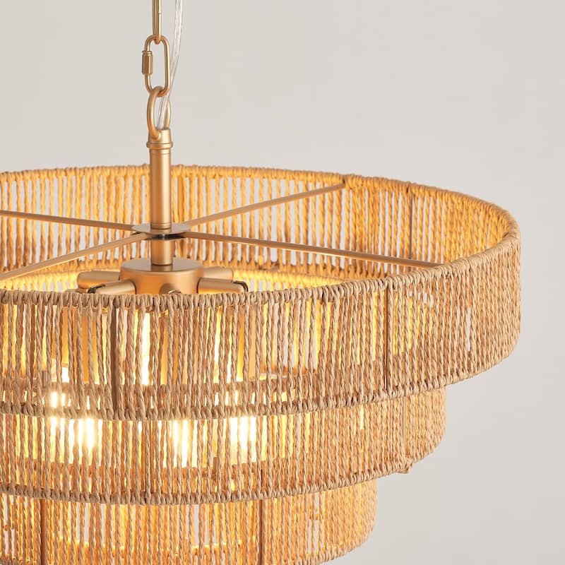 Starsky 6-Light 19inch Boho Tiered Rattan Drum Hand Woven Chandelier with Natural Rope Paper Shade