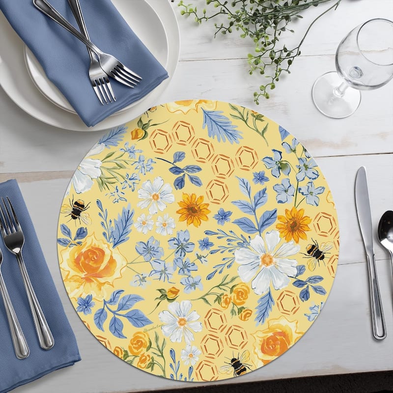 Floral Bee 4 Pack Round Reversible Easy Care Flexible Plastic Placemats Made in The USA Reversible Flexible Easily Wipes Clean