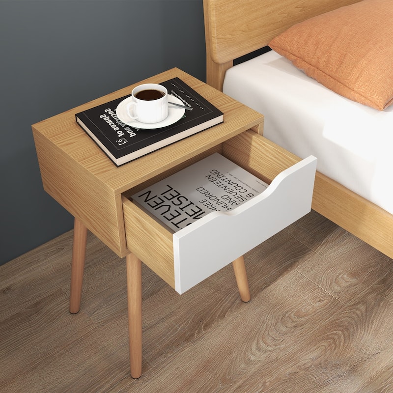 Wooden Nightstand with Drawer and Storage for Living Room