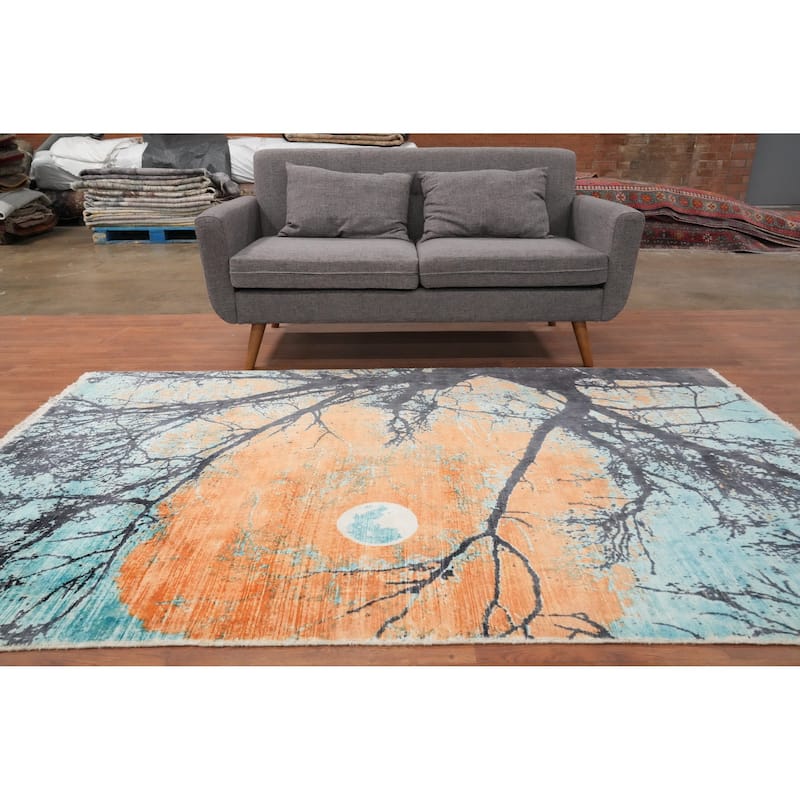 Hand Knotted Oriental Viscose Silk Carpet Modern Pictorial Multi-Colored Abstract Area Rug - 7' 11'' X 5' 0''
