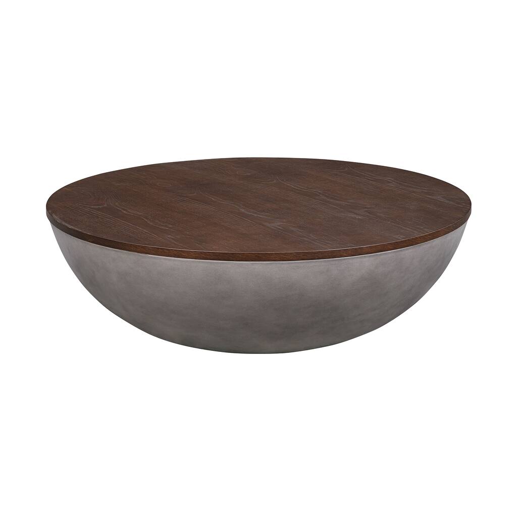 48 Inch Round Coffee Table with Wood Top and Concrete Base, Natural Brown