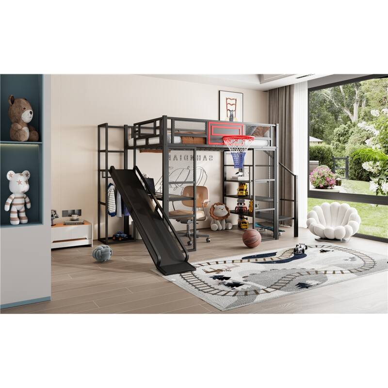 Roomfitters Full Metal Loft Bed with Slide, Desk, Wardrobe and Basketball Hoop, Black