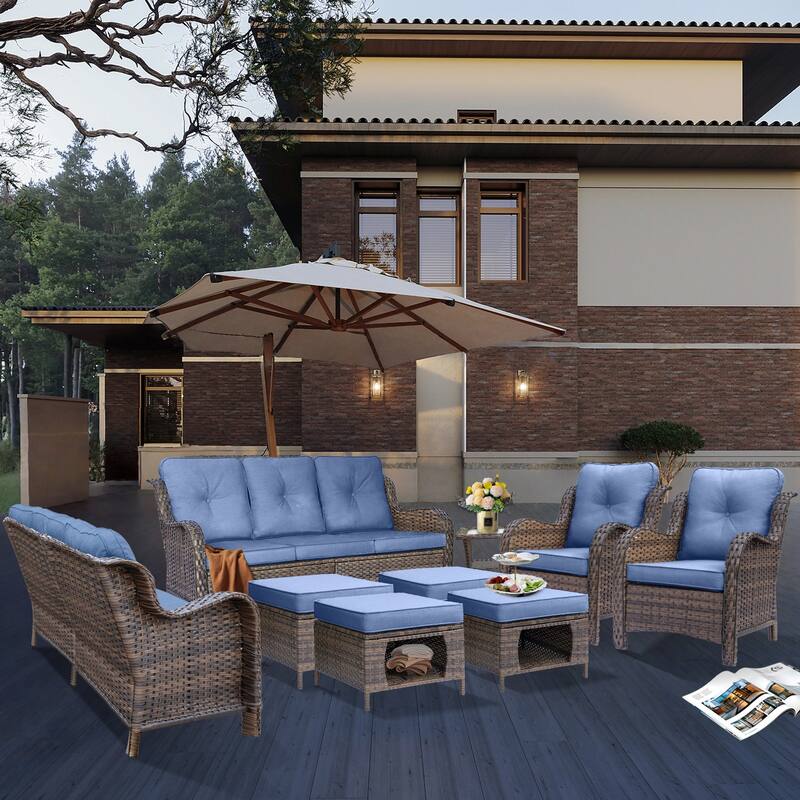 9 Piece Wicker Outdoor Patio Furniture Seating Sofa Conversation Sets - Denim Blue-Brown Rattan
