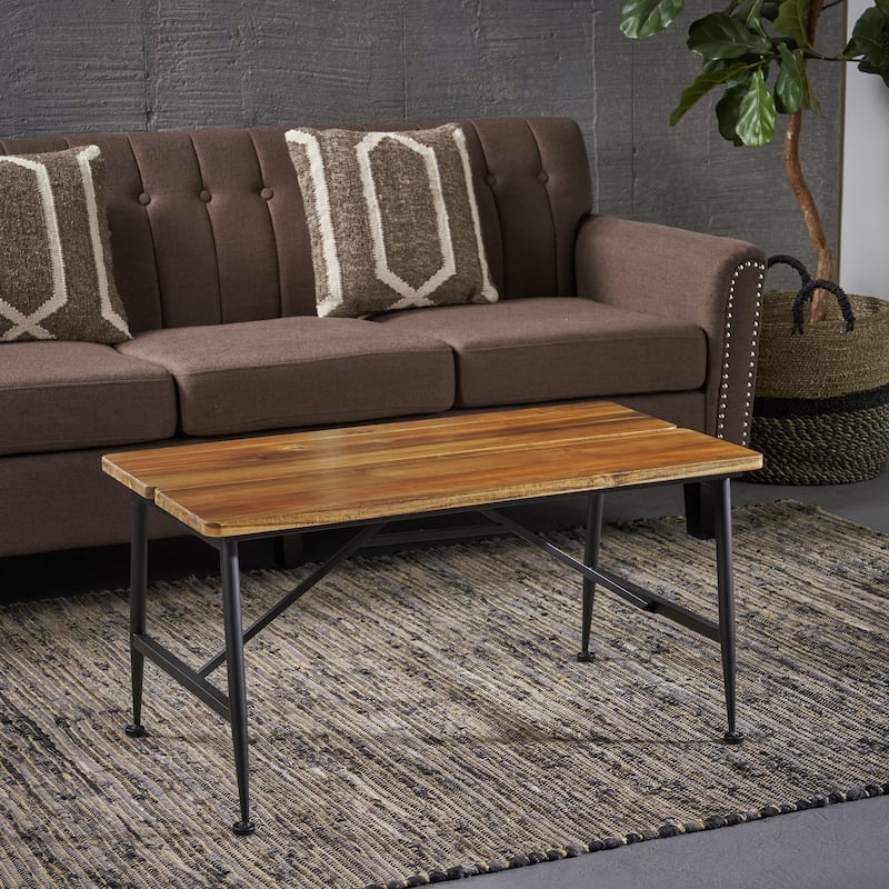 Roomfitters Outdoor Coffee Table, Rectangular Patio Table with Solid Wood Top and Angled Metal Legs for Garden or Deck, Black