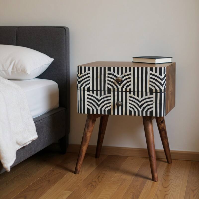 HomeRoots 23" Black White And Brown Solid Wood Geometric Bone Inlay Two Drawer Nightstand - Brown - 2-drawer