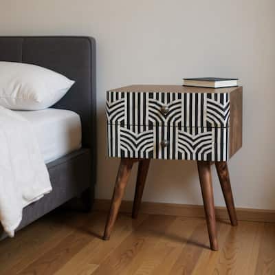 HomeRoots 23" Black White And Brown Solid Wood Geometric Bone Inlay Two Drawer Nightstand