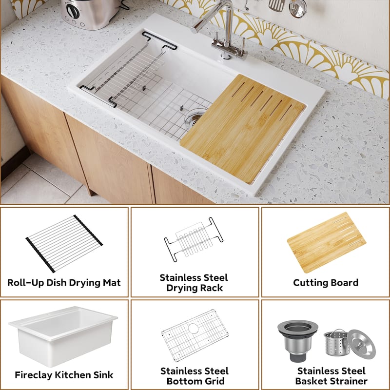 33 in. Drop-In Single Bowl Fireclay Workstation Kitchen Sink with Drying Rack & Cutting Board - Includes Accessories
