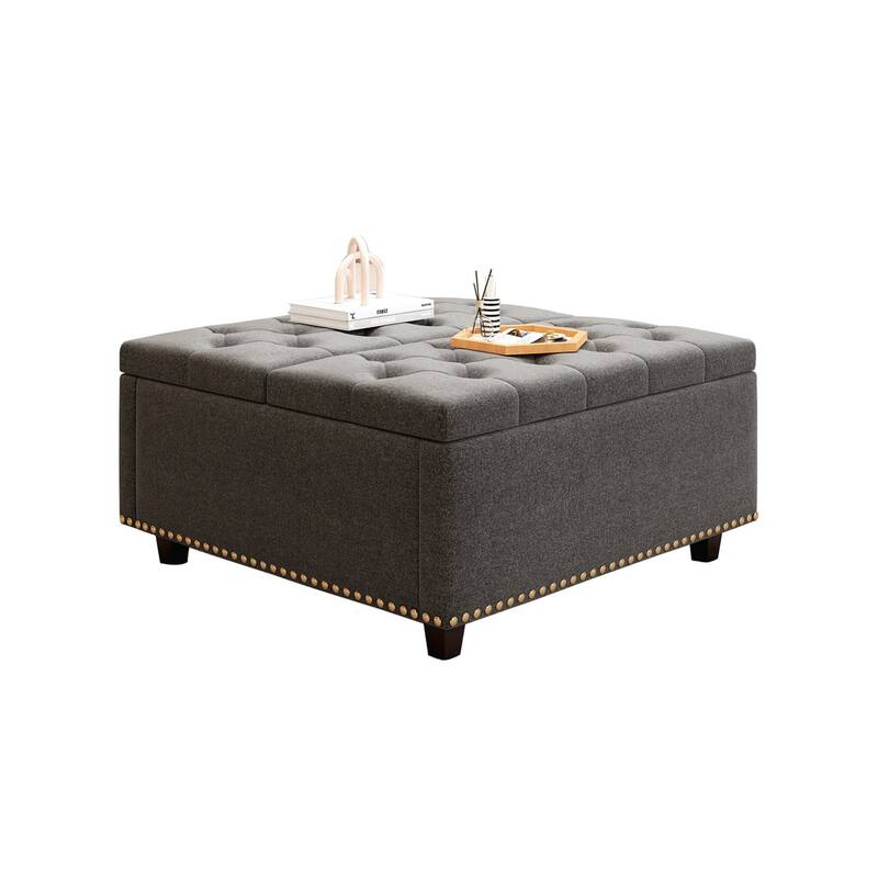 Large Square Storage Stool with two Storage Doors, Footstool for Living Room Studded Mid-century Modern Coffee Table
