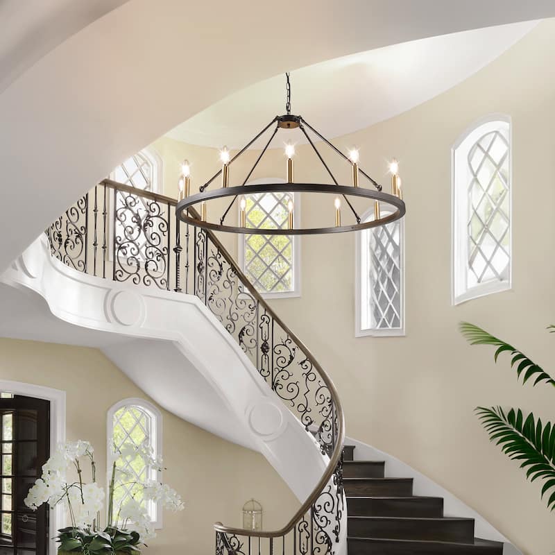 12 Lights Wagon Wheel Chandelier, Round Rustic Farmhouse Chandeliers for Dining Room Foyer Living Room Kitchen Island