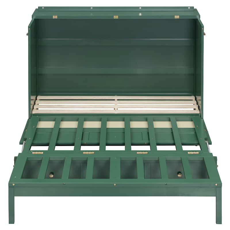 Convertible Foldable Murphy Bed Full Size Wall Cabinet Bed with Storage Drawers, Golden Handles and Rattan Weaving Accents