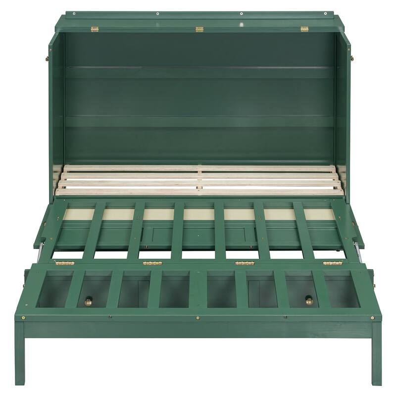 Green Murphy Bed with Drawer, Rattan Patterned Full Size Bed