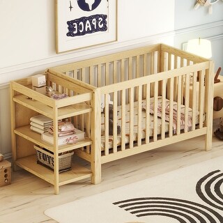 Natural Convertible Crib/Full Bed with Changing Table, Adjustable Height, Guardrails