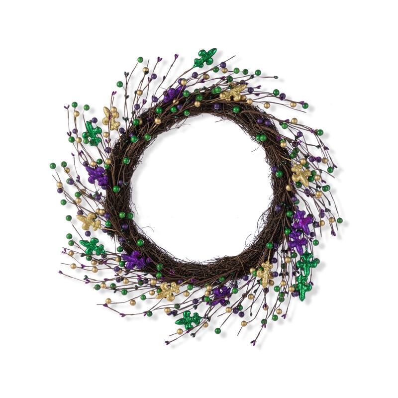 Glitzhome 20"D Mardi Gras Berry & Fleur-de-Lis Artificial Wreath