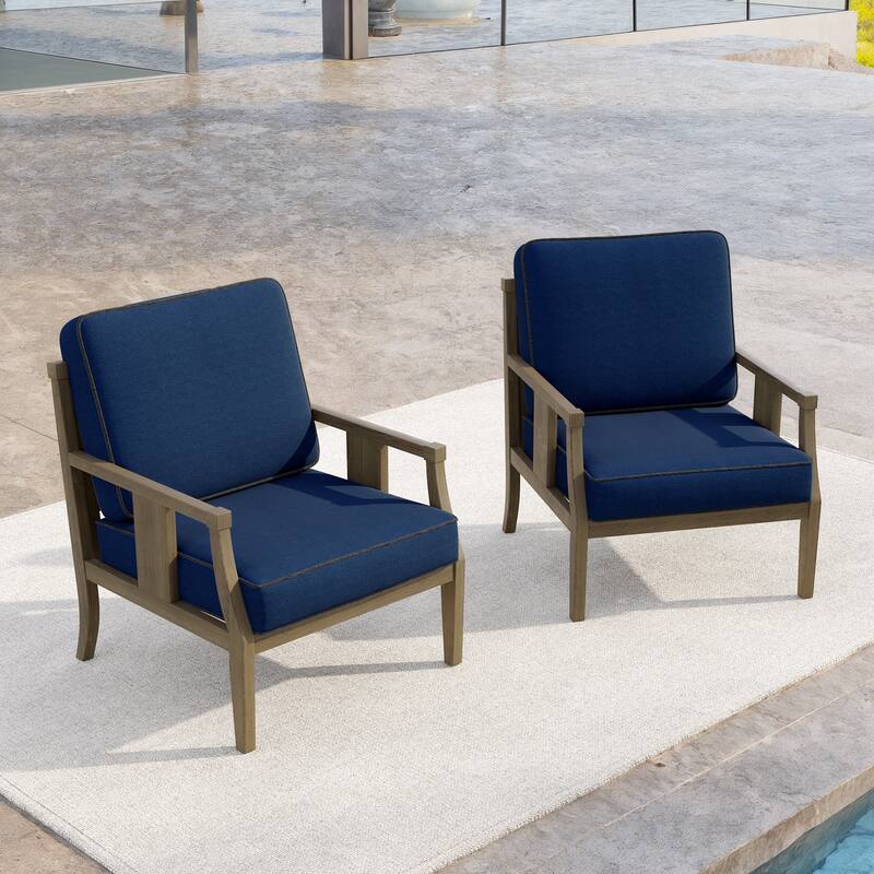 Set of 2 Outdoor Teak Wood Armchairs with Cushions, Patio Club Chairs