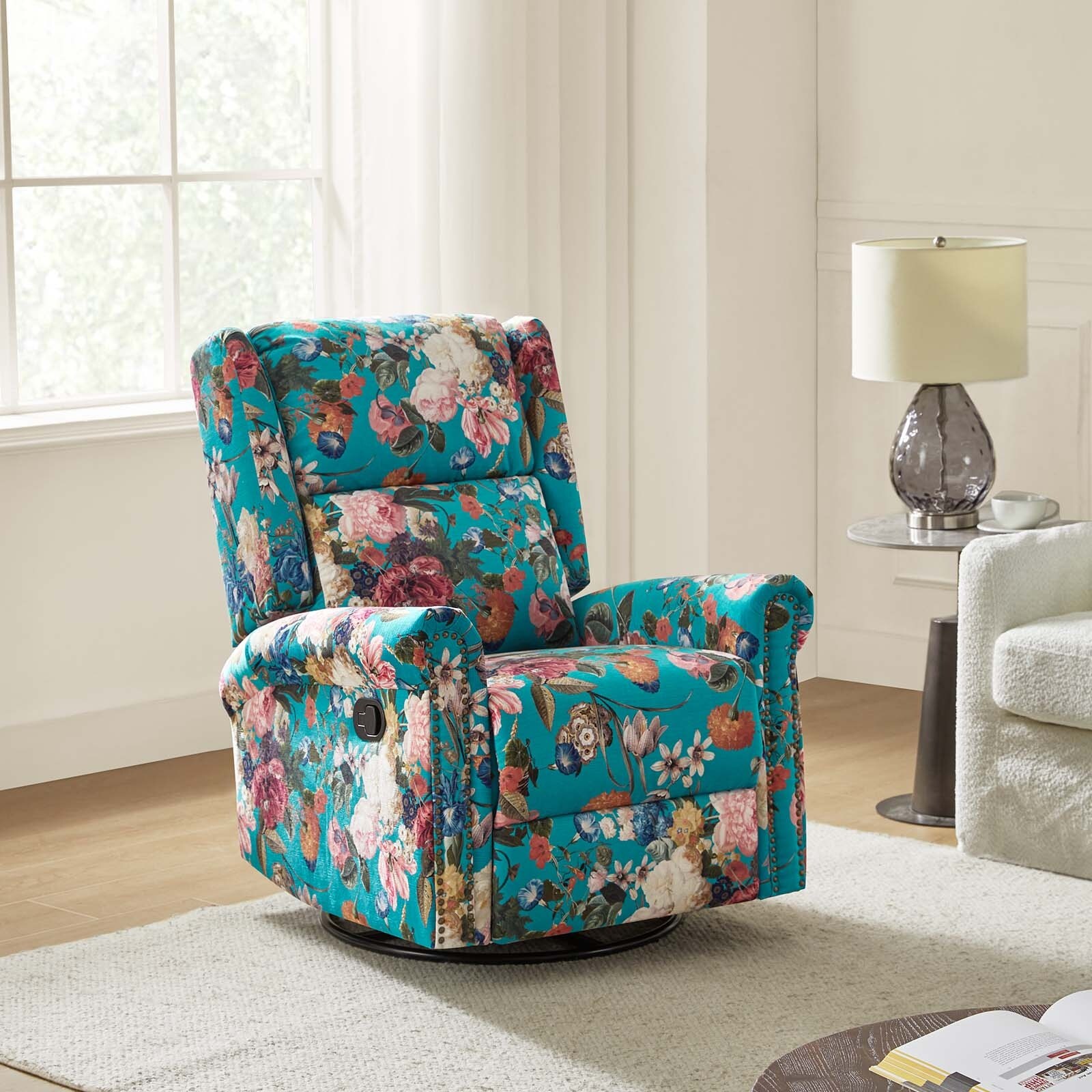 Leopold Transitional Floral Print Manual Swivel Rocking Recliner with Nailhead Trims by HULALA HOME