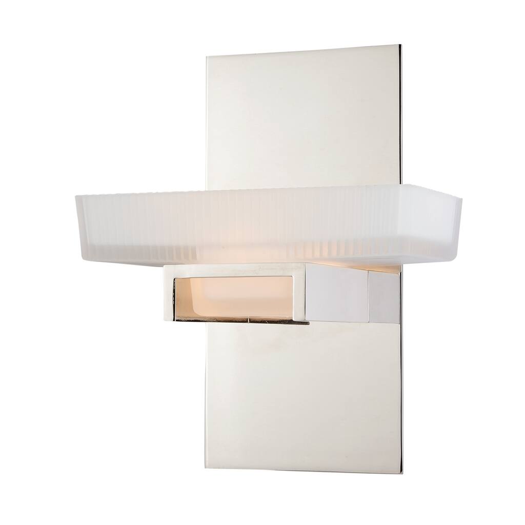 Gatsby 1-Light 8 in. W Polished Nickel Bathroom Vanity Lighting Fixture, Etched White Glass Shade, Dimmable, Wall Mount Sconce