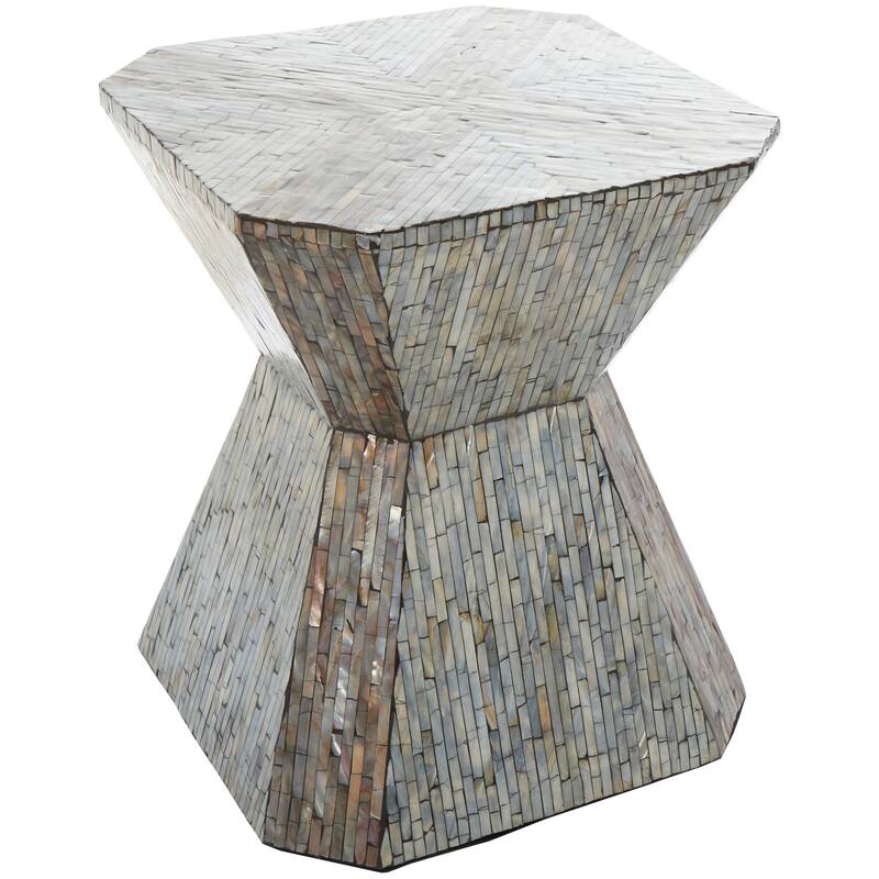 Gray Mother of Pearl Shell Hourglass Geometric Accent Table with Linear Mosaic Pattern
