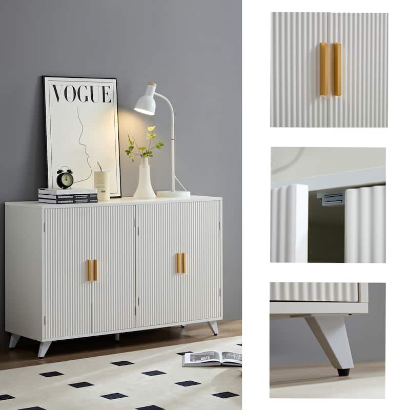 Ivory White 4-Door Sideboard Buffet Cabinet with Removable Shelves and Soft-Close Hinges, Elegant Gold Accents