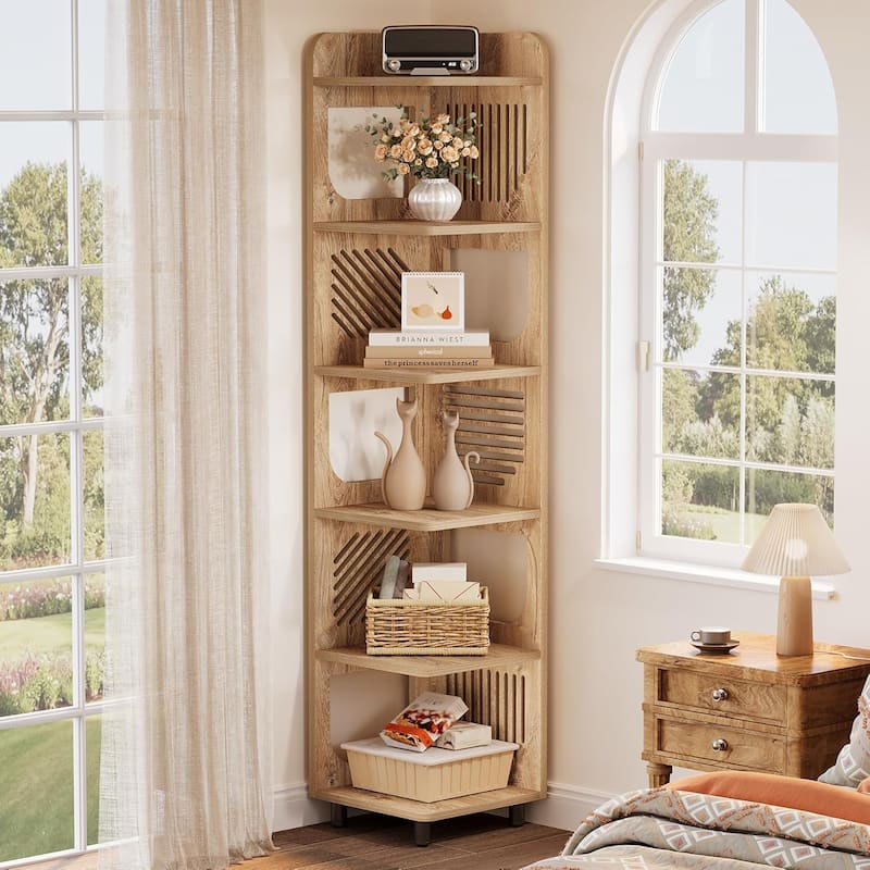 6-Tier Corner Shelf, Rustic Tall Corner Bookshelf for Living Room, Bedroom, Office