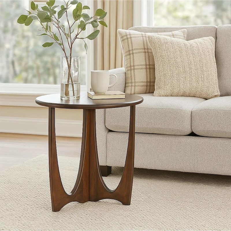 Natra Side End Table, 26 Inch Round, Cutout Base, Dark Brown Solid Wood