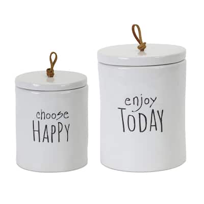 White and Black Stoneware Canister Set of 2 with Inspirational Quotes for Indoor Home Decor - 5.75"H, 7.25"H