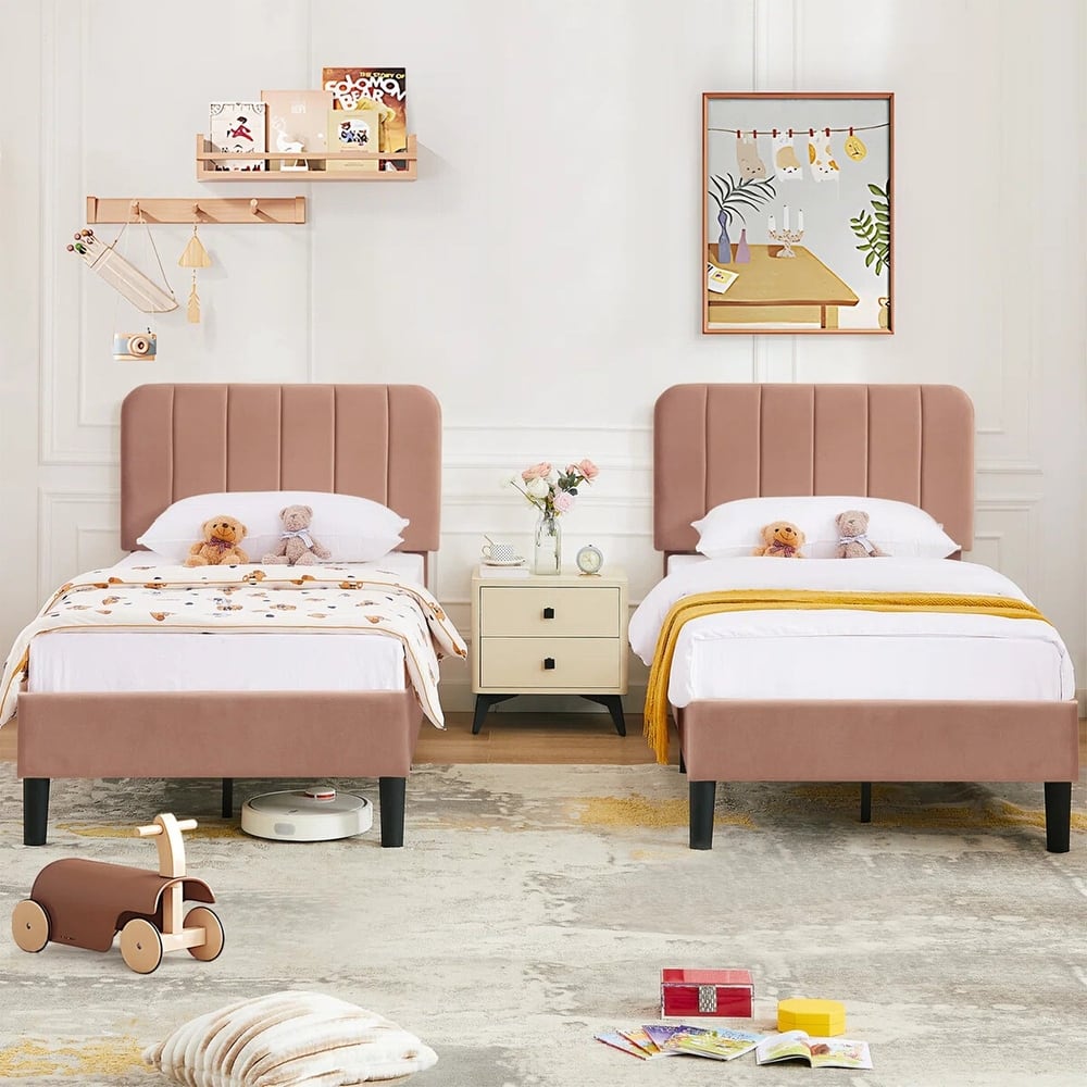 2 Pack Kids Bed Frame Height Adjustable Upholstered Headboard Bed Twin Size Bed Set of 2