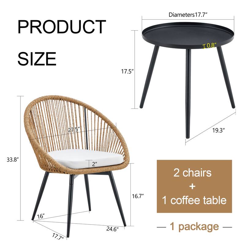 Roomfitters 3-Pcs Outdoor Furniture Set with Rattan Swivel Chairs and Round Coffee Table, Patio Seating, Natural