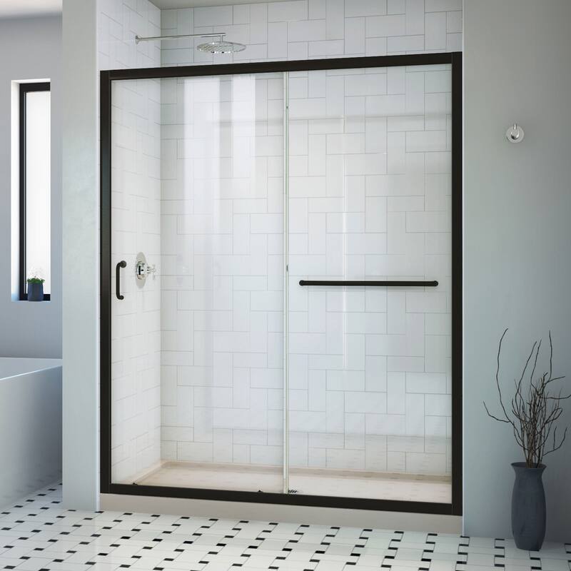 DreamLine Infinity-Z 36 in. D x 60 in. W x 74 3/4 in. H Sliding Shower Door and Shower Base Kit - 36" x 60" - 36" x 60" - Satin Black, Biscuit Base, Center Drain
