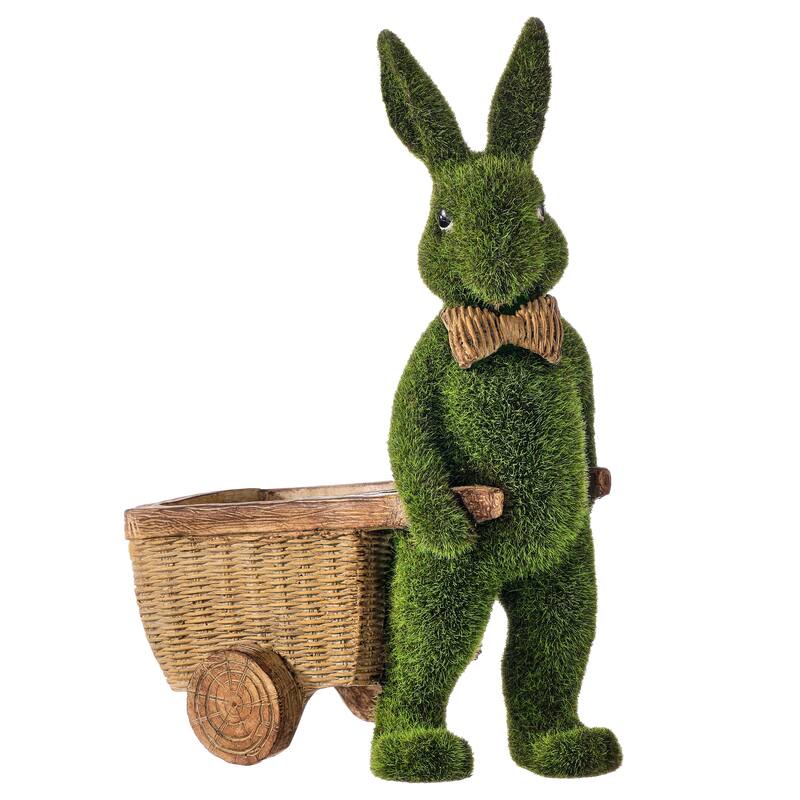 10.75" Resin Mossed Bunny With Cart